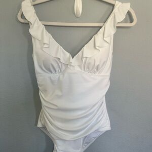DKNY White One-Piece Swimwear with V-Neck